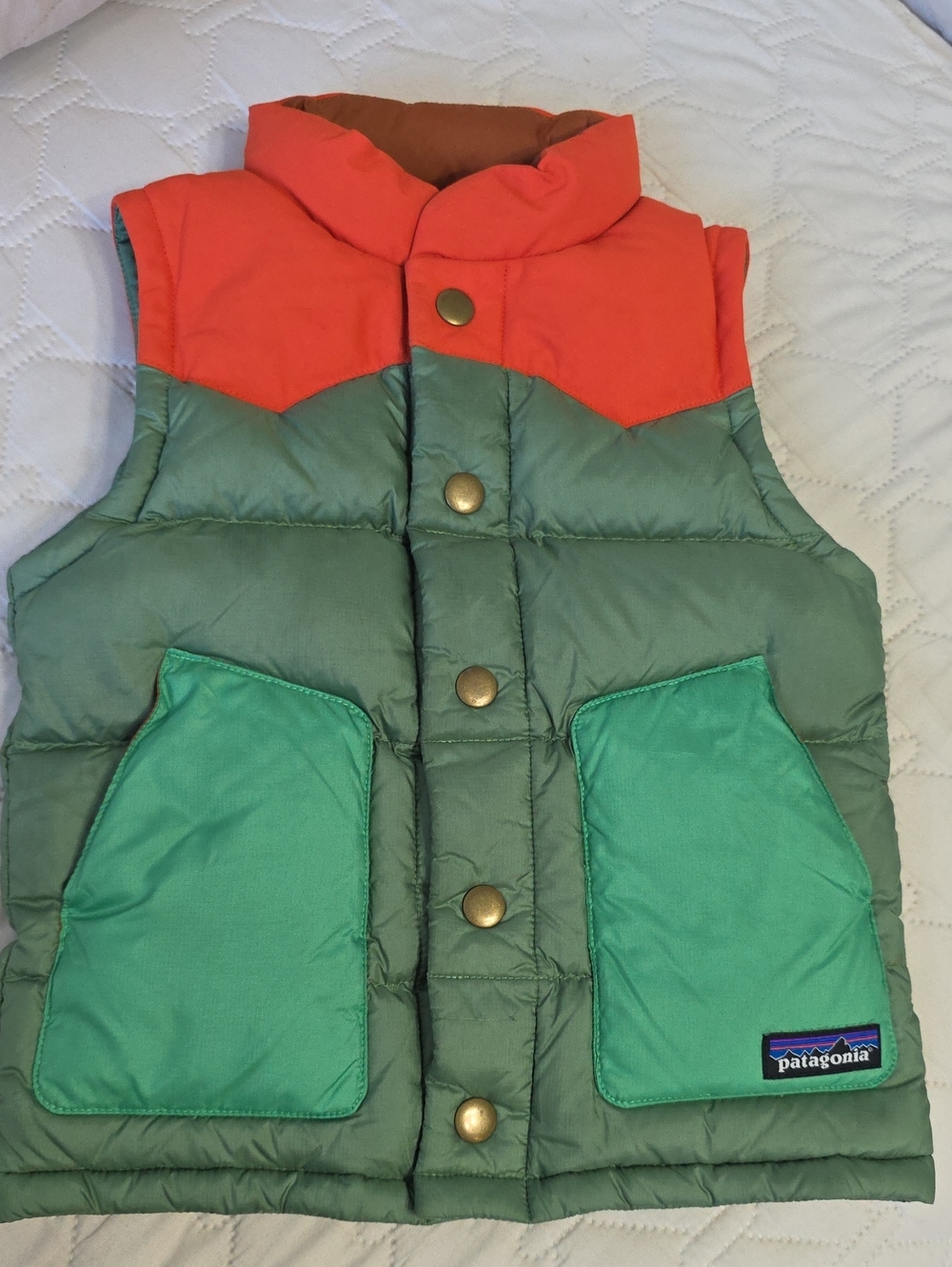 Patagonia Kids Green and Orange Quilted Puffer Vest